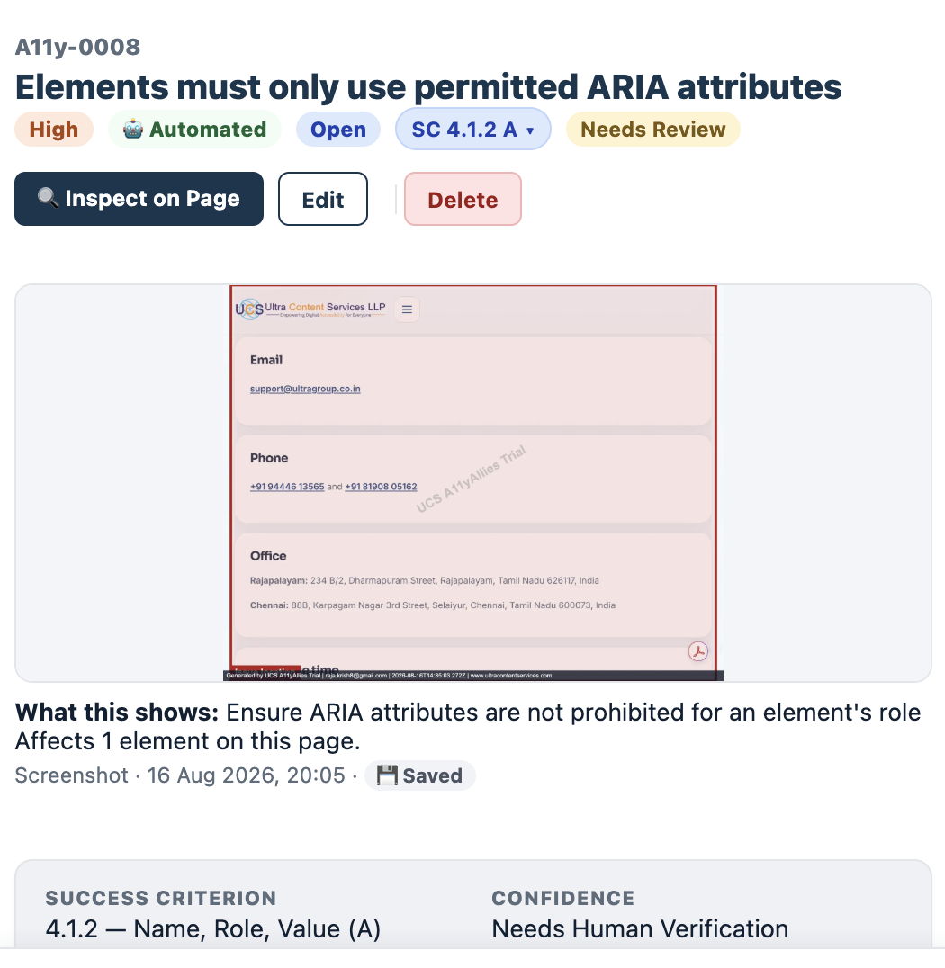 UCS A11yAllies accessibility finding showing a WCAG 4.1.2 ARIA issue with audit evidence